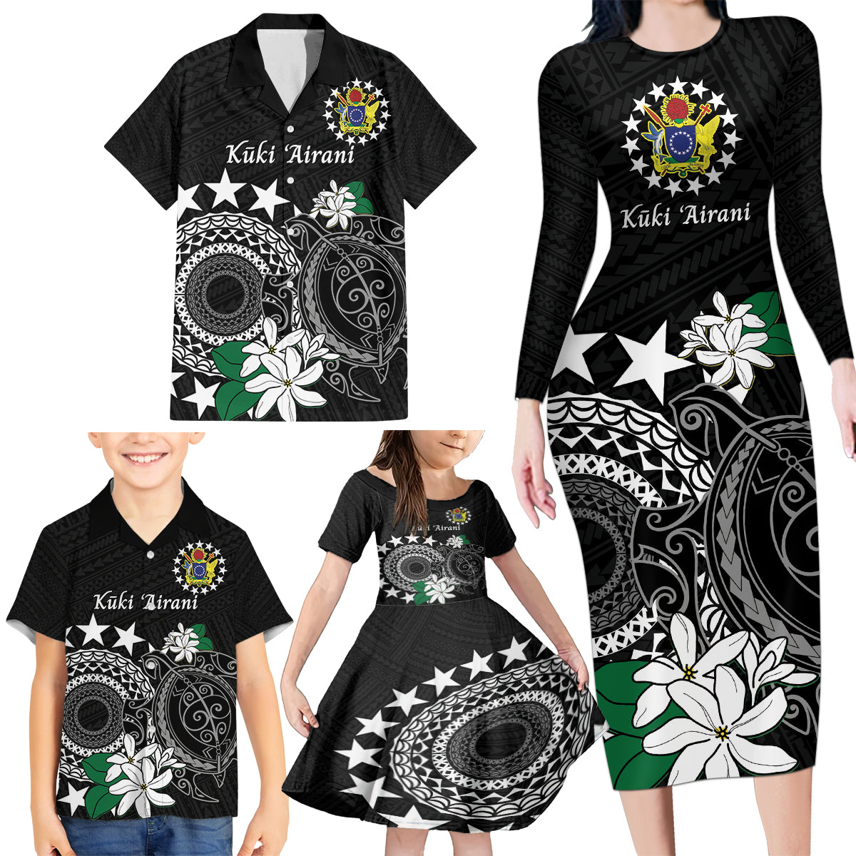 Cook Islands Independence Day Family Matching Long Sleeve Bodycon Dress and Hawaiian Shirt Kuki Airani Tiare Maori Polynesian Pattern - Black LT14 - Polynesian Pride