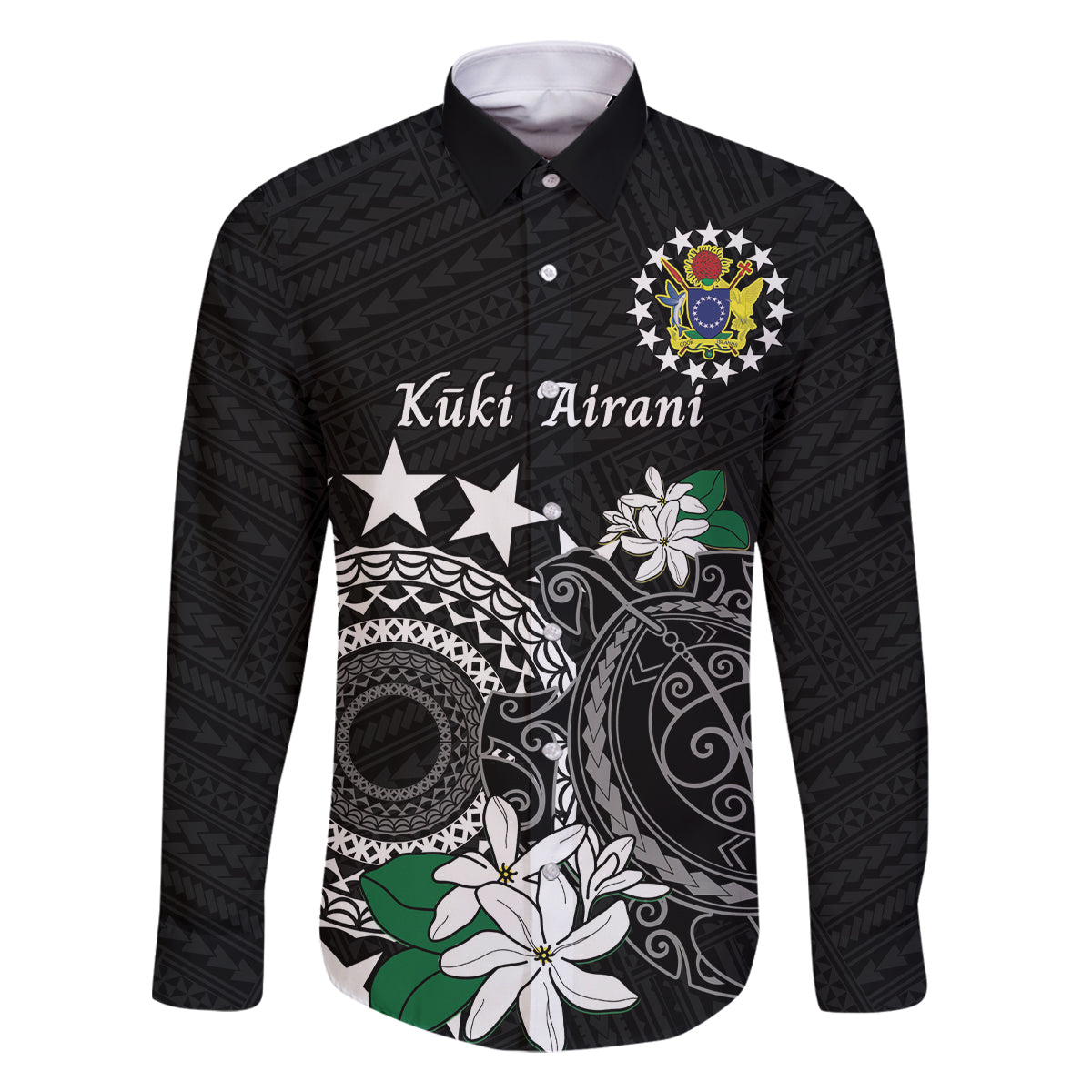 Cook Islands Independence Day Family Matching Long Sleeve Bodycon Dress and Hawaiian Shirt Kuki Airani Tiare Maori Polynesian Pattern - Black LT14 Dad's Shirt - Long Sleeve Black - Polynesian Pride