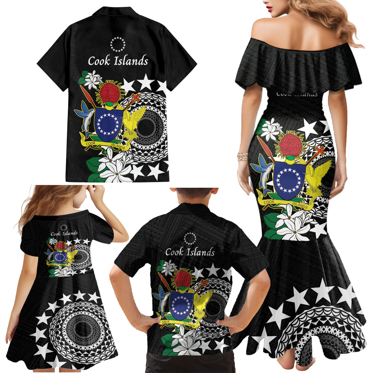 Cook Islands Independence Day Family Matching Mermaid Dress and Hawaiian Shirt Kuki Airani Tiare Maori Polynesian Pattern - Black LT14 - Polynesian Pride