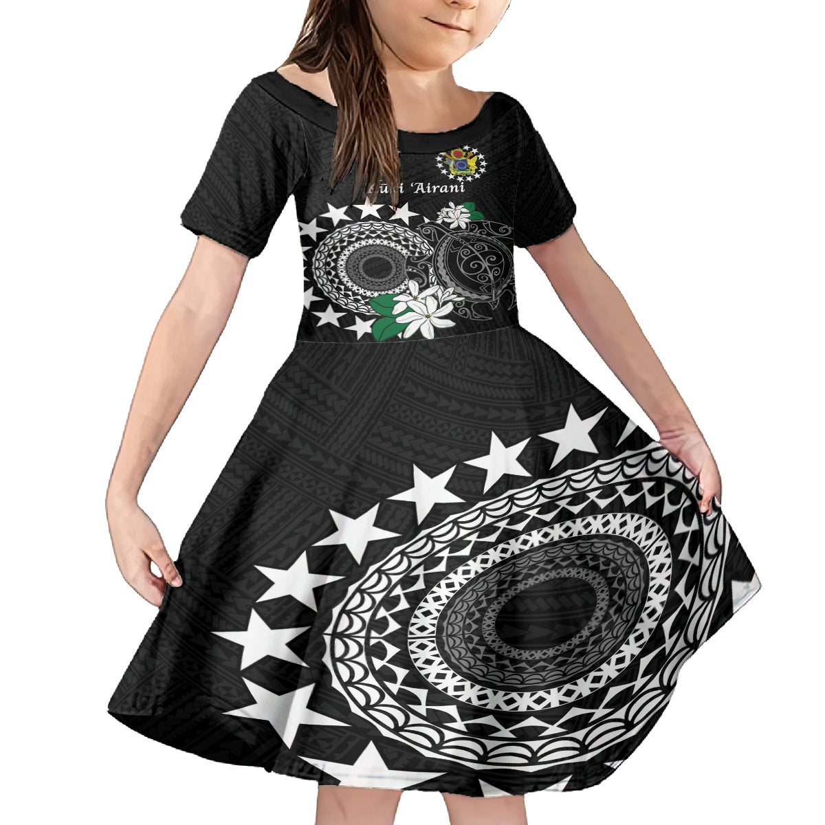 Cook Islands Independence Day Family Matching Off The Shoulder Long Sleeve Dress and Hawaiian Shirt Kuki Airani Tiare Maori Polynesian Pattern - Black LT14 Daughter's Dress Black - Polynesian Pride