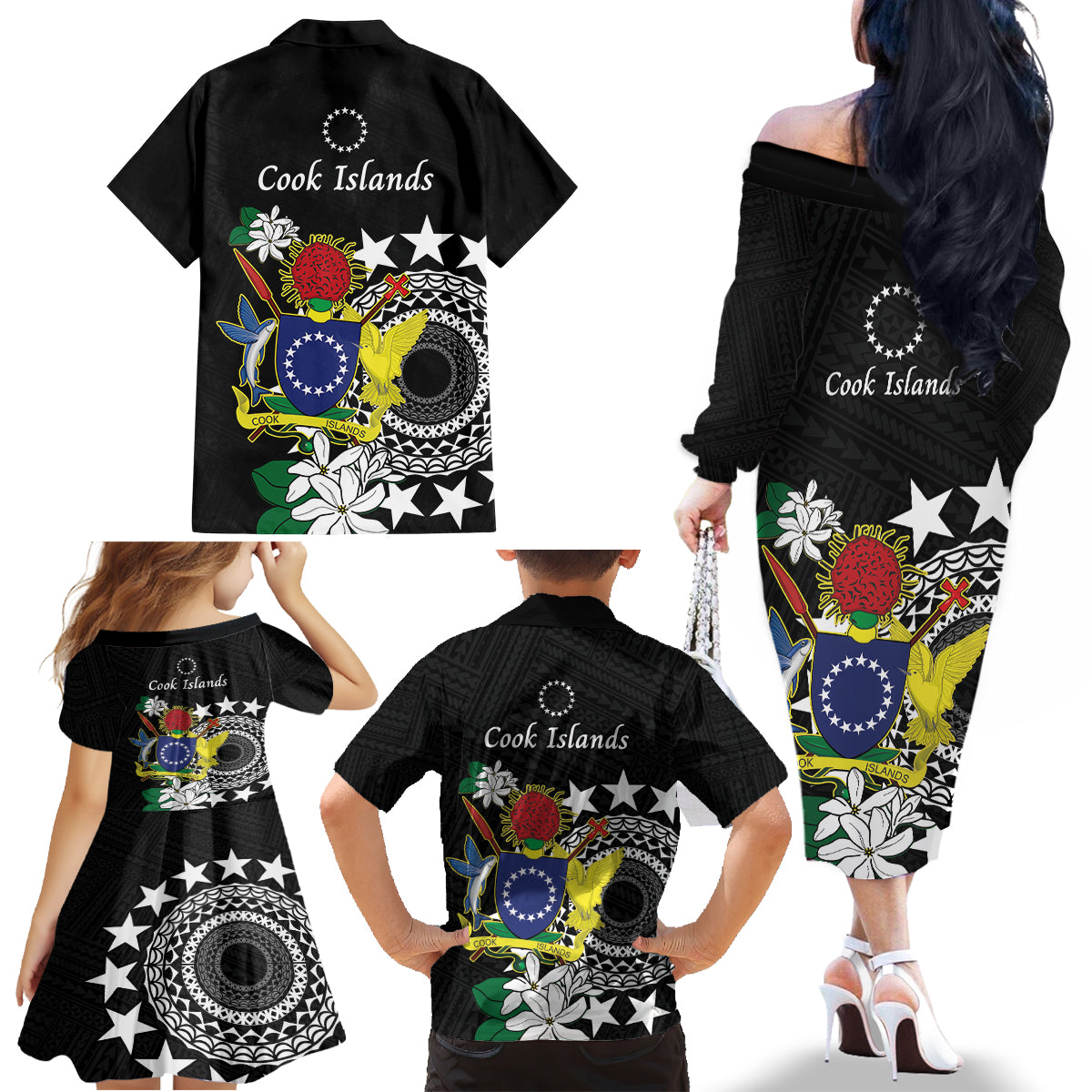 Cook Islands Independence Day Family Matching Off The Shoulder Long Sleeve Dress and Hawaiian Shirt Kuki Airani Tiare Maori Polynesian Pattern - Black LT14 - Polynesian Pride