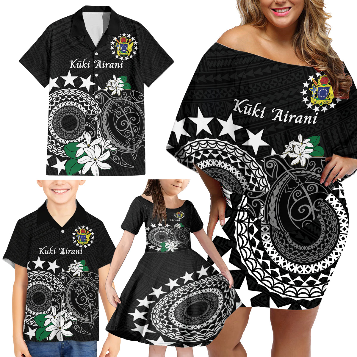 Cook Islands Independence Day Family Matching Off Shoulder Short Dress and Hawaiian Shirt Kuki Airani Tiare Maori Polynesian Pattern - Black LT14 - Polynesian Pride