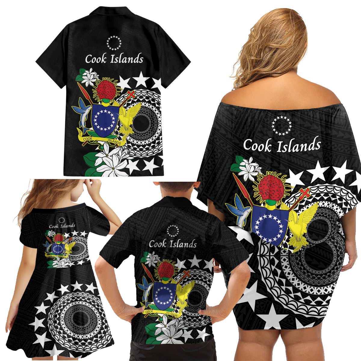 Cook Islands Independence Day Family Matching Off Shoulder Short Dress and Hawaiian Shirt Kuki Airani Tiare Maori Polynesian Pattern - Black LT14 - Polynesian Pride