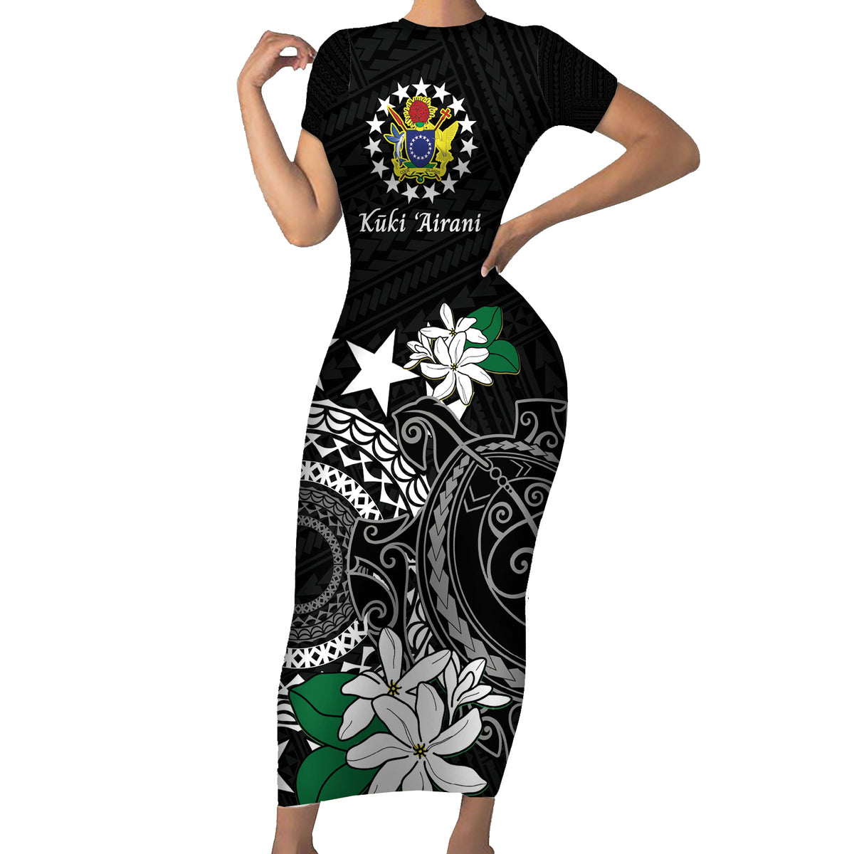 Cook Islands Independence Day Family Matching Short Sleeve Bodycon Dress and Hawaiian Shirt Kuki Airani Tiare Maori Polynesian Pattern - Black LT14 Mom's Dress Black - Polynesian Pride