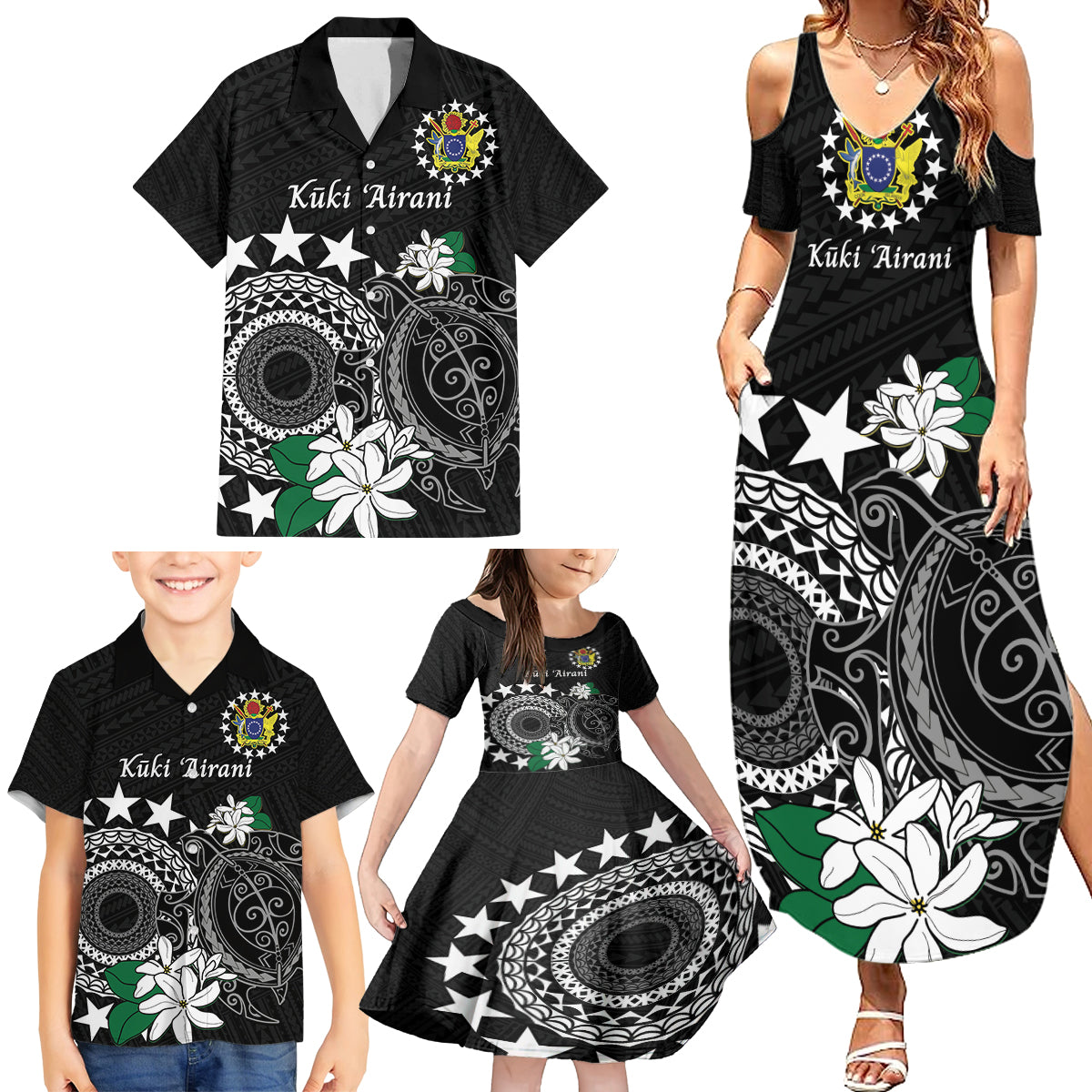 Cook Islands Independence Day Family Matching Summer Maxi Dress and Hawaiian Shirt Kuki Airani Tiare Maori Polynesian Pattern - Black LT14 - Polynesian Pride