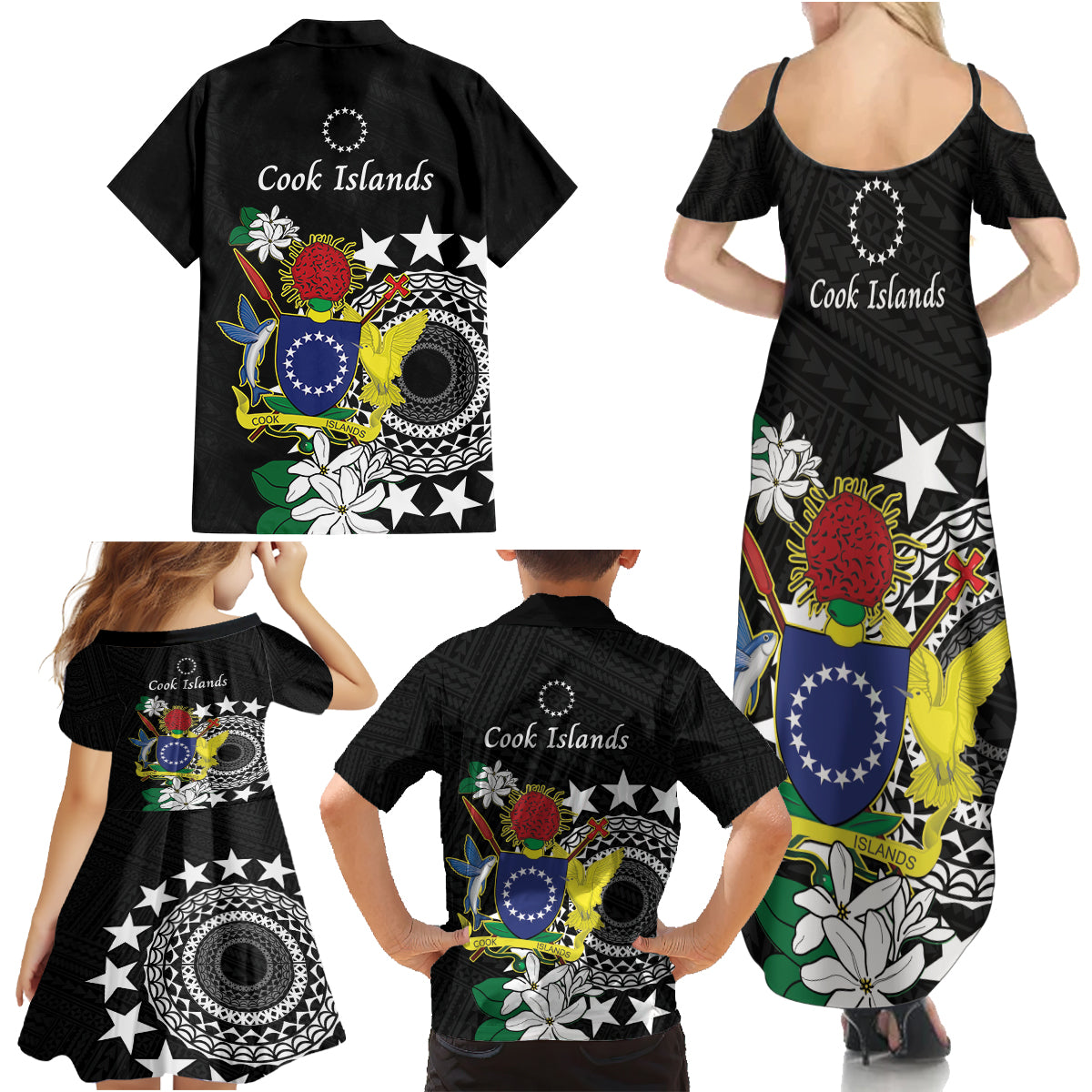 Cook Islands Independence Day Family Matching Summer Maxi Dress and Hawaiian Shirt Kuki Airani Tiare Maori Polynesian Pattern - Black LT14 - Polynesian Pride