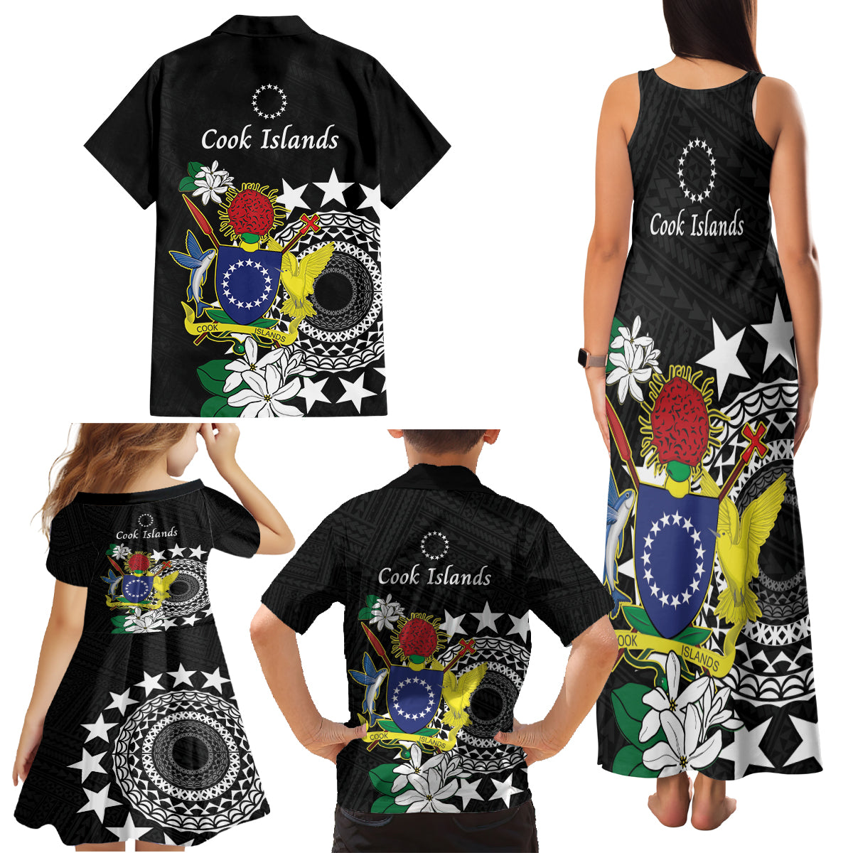 Cook Islands Independence Day Family Matching Tank Maxi Dress and Hawaiian Shirt Kuki Airani Tiare Maori Polynesian Pattern - Black LT14 - Polynesian Pride