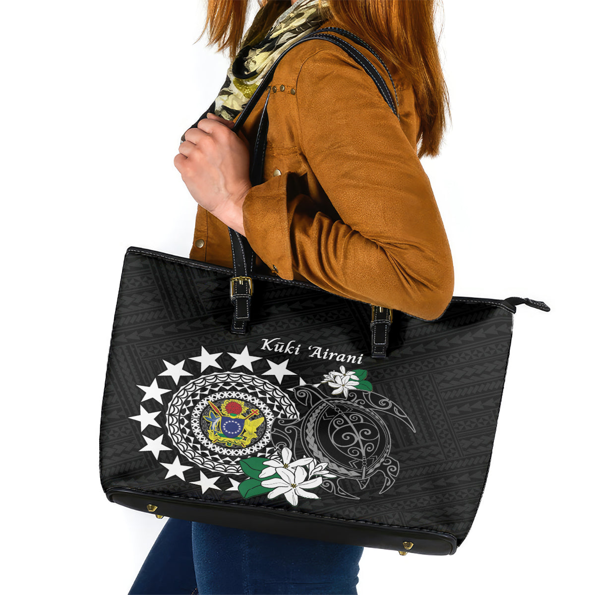Cook Islands Independence Day Leather Tote Bag Kuki Airani Tiare Maori Polynesian Pattern - Black LT14 Black - Polynesian Pride