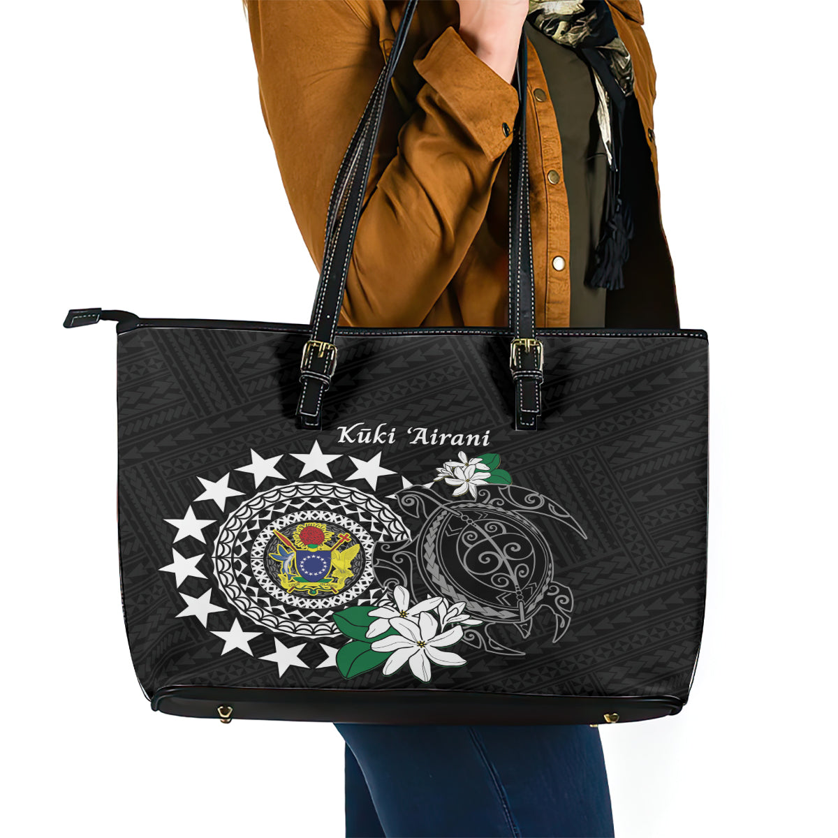Cook Islands Independence Day Leather Tote Bag Kuki Airani Tiare Maori Polynesian Pattern - Black LT14 - Polynesian Pride