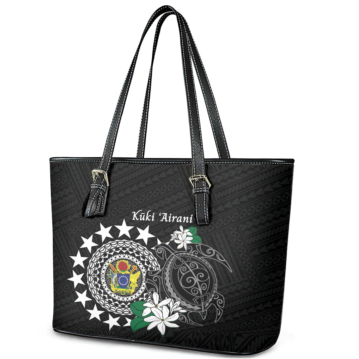 Cook Islands Independence Day Leather Tote Bag Kuki Airani Tiare Maori Polynesian Pattern - Black LT14 - Polynesian Pride