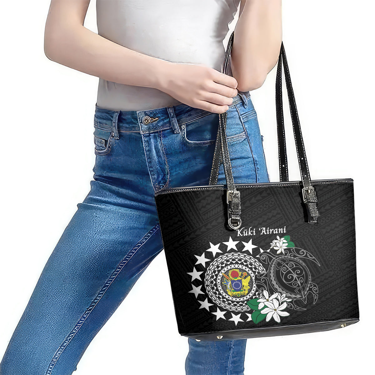 Cook Islands Independence Day Leather Tote Bag Kuki Airani Tiare Maori Polynesian Pattern - Black LT14 - Polynesian Pride