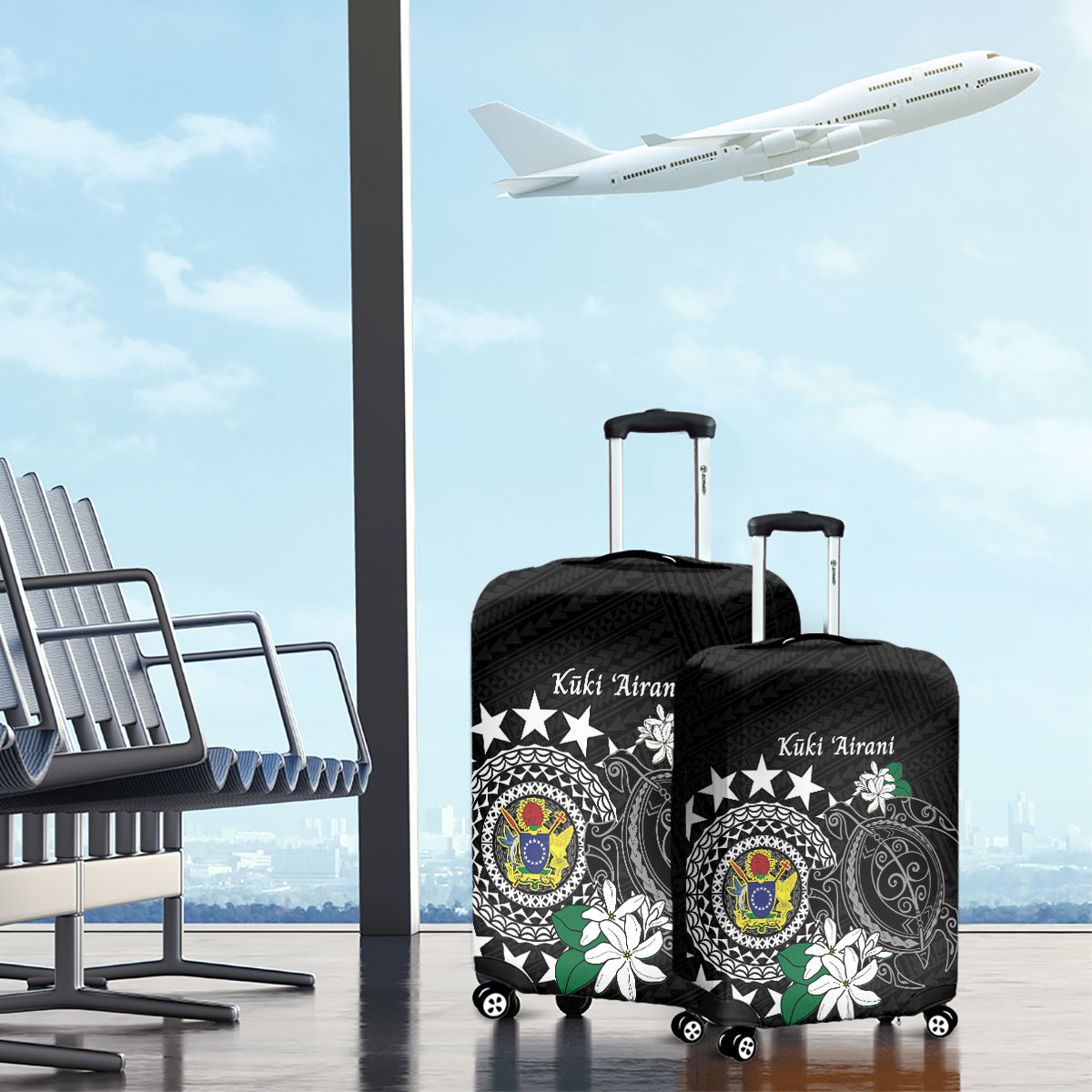 Cook Islands Independence Day Luggage Cover Kuki Airani Tiare Maori Polynesian Pattern - Black