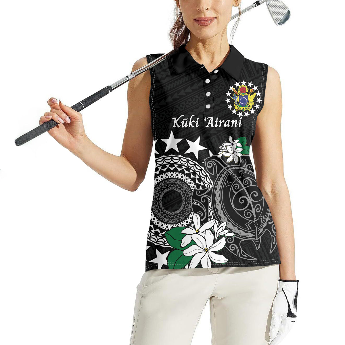 Cook Islands Independence Day Women Sleeveless Polo Shirt Kuki Airani Tiare Maori Polynesian Pattern - Black LT14 - Polynesian Pride