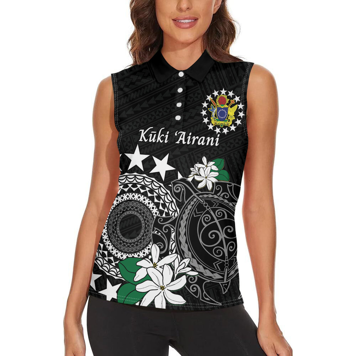 Cook Islands Independence Day Women Sleeveless Polo Shirt Kuki Airani Tiare Maori Polynesian Pattern - Black LT14 - Polynesian Pride
