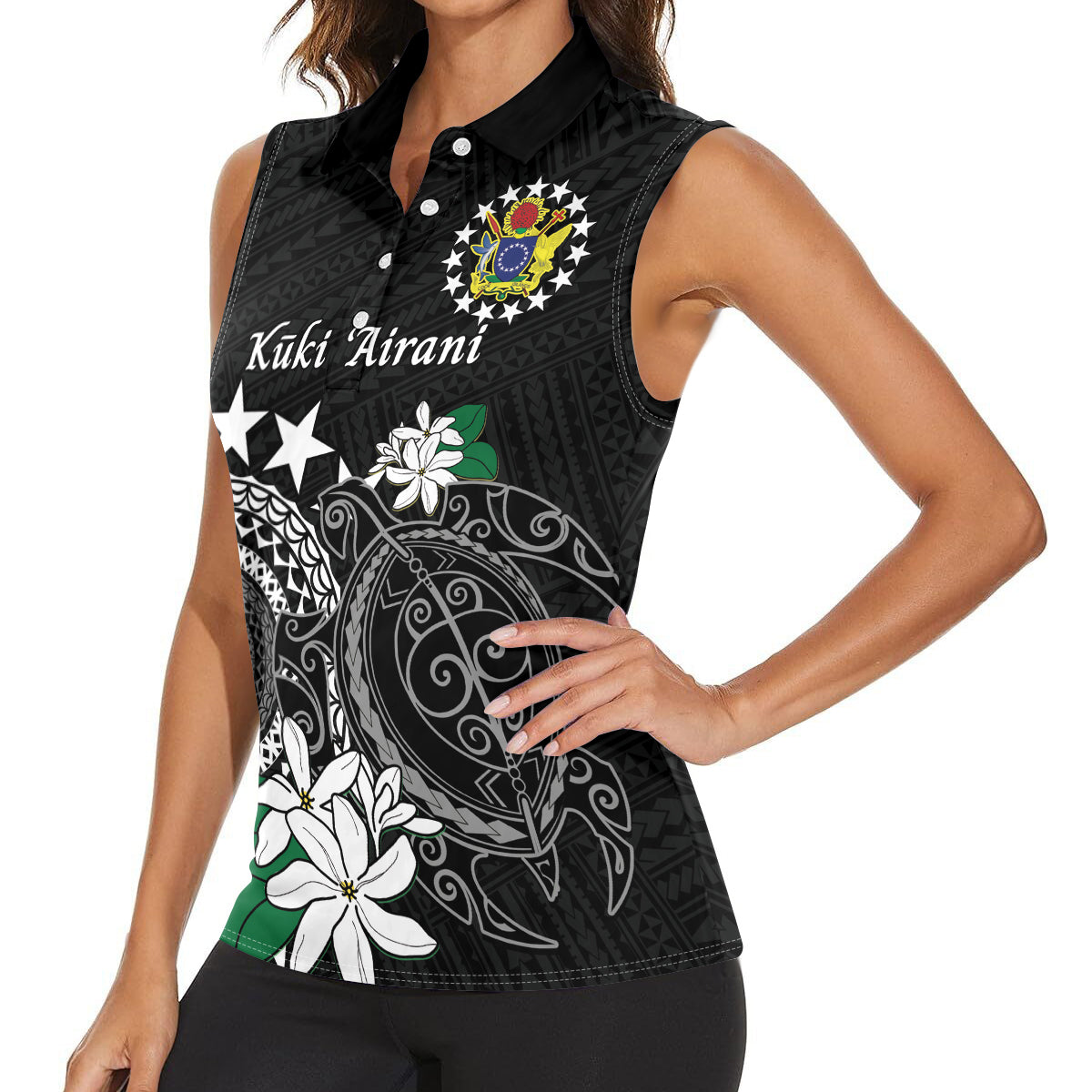 Cook Islands Independence Day Women Sleeveless Polo Shirt Kuki Airani Tiare Maori Polynesian Pattern - Black LT14 - Polynesian Pride