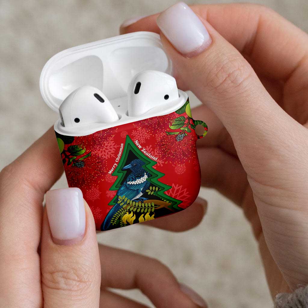 New Zealand Christmas In July AirPods Case Kowhai Tui Bird With Pohutukawa - Red LT14 - Polynesian Pride