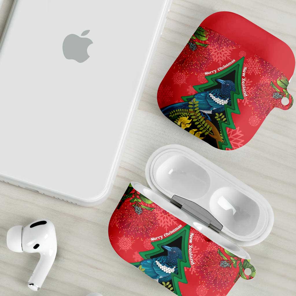 New Zealand Christmas In July AirPods Case Kowhai Tui Bird With Pohutukawa - Red LT14 - Polynesian Pride