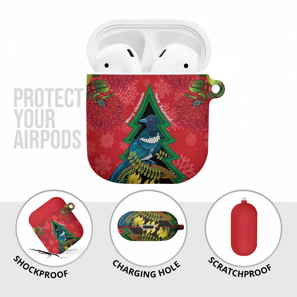 New Zealand Christmas In July AirPods Case Kowhai Tui Bird With Pohutukawa - Red LT14 - Polynesian Pride
