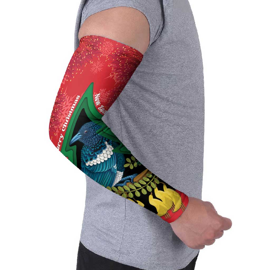 New Zealand Christmas In July Arm Sleeves Kowhai Tui Bird With Pohutukawa - Red LT14 - Polynesian Pride