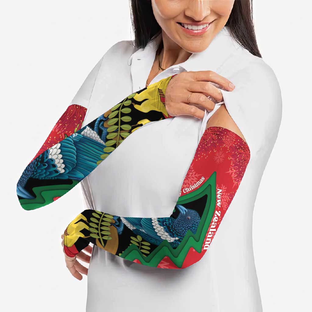 New Zealand Christmas In July Arm Sleeves Kowhai Tui Bird With Pohutukawa - Red LT14 - Polynesian Pride