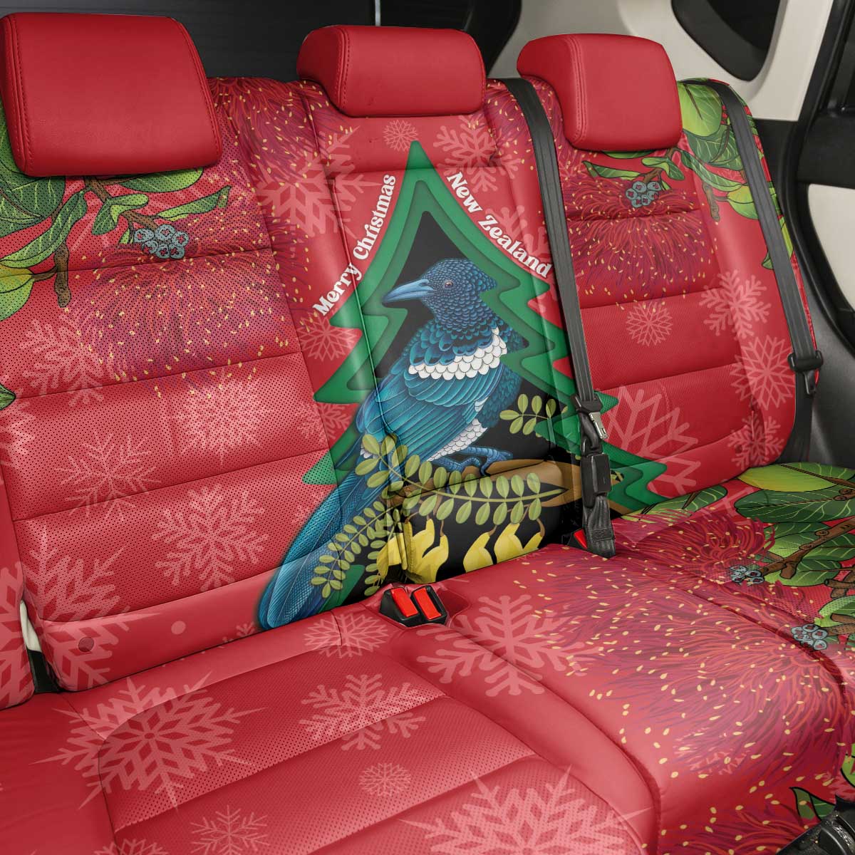 New Zealand Christmas In July Back Car Seat Cover Kowhai Tui Bird With Pohutukawa - Red LT14 - Polynesian Pride