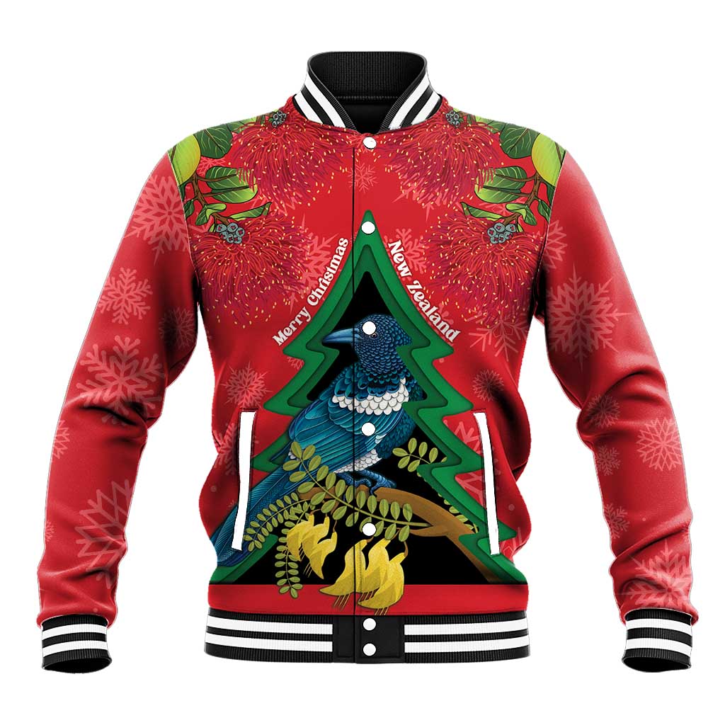 New Zealand Christmas In July Baseball Jacket Kowhai Tui Bird With Pohutukawa - Red LT14 Unisex Red - Polynesian Pride