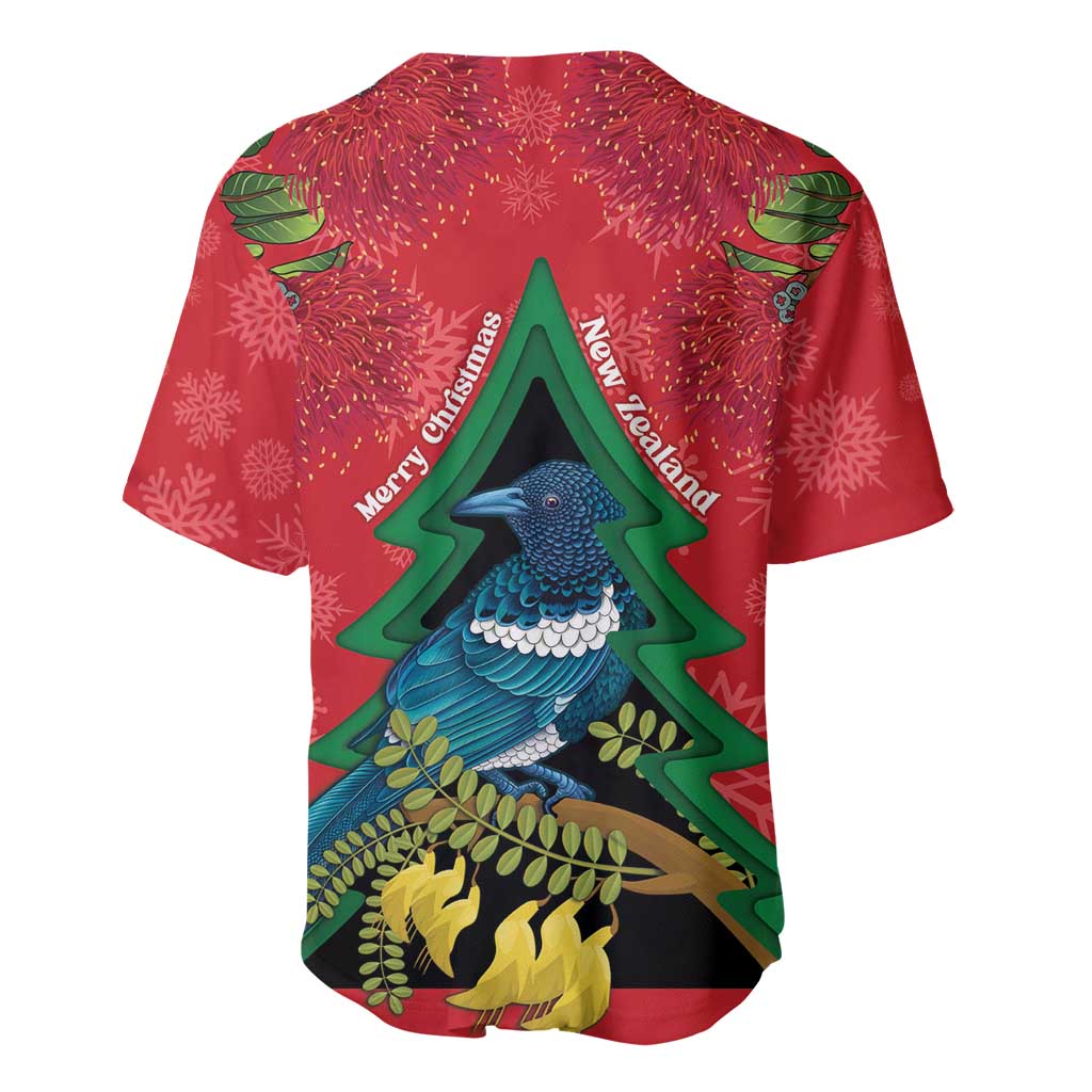 New Zealand Christmas In July Baseball Jersey Kowhai Tui Bird With Pohutukawa - Red LT14 - Polynesian Pride