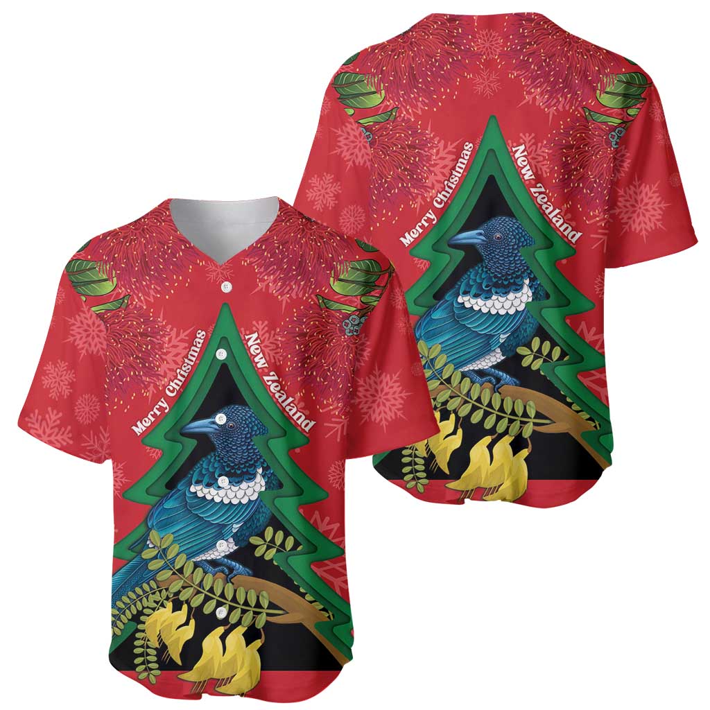 New Zealand Christmas In July Baseball Jersey Kowhai Tui Bird With Pohutukawa - Red LT14 - Polynesian Pride