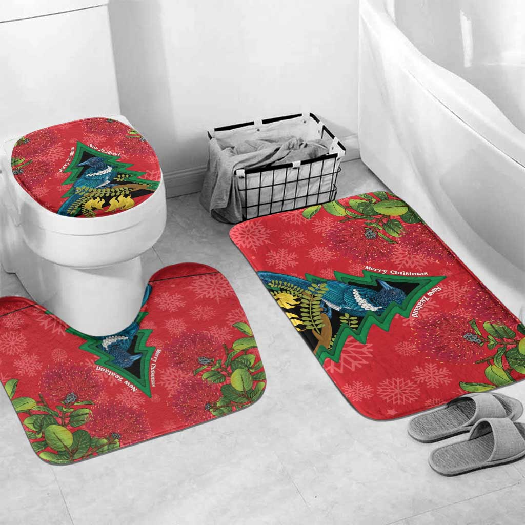 New Zealand Christmas In July Bathroom Set Kowhai Tui Bird With Pohutukawa - Red LT14 Mat Set Only (3 pcs) One Size Red - Polynesian Pride