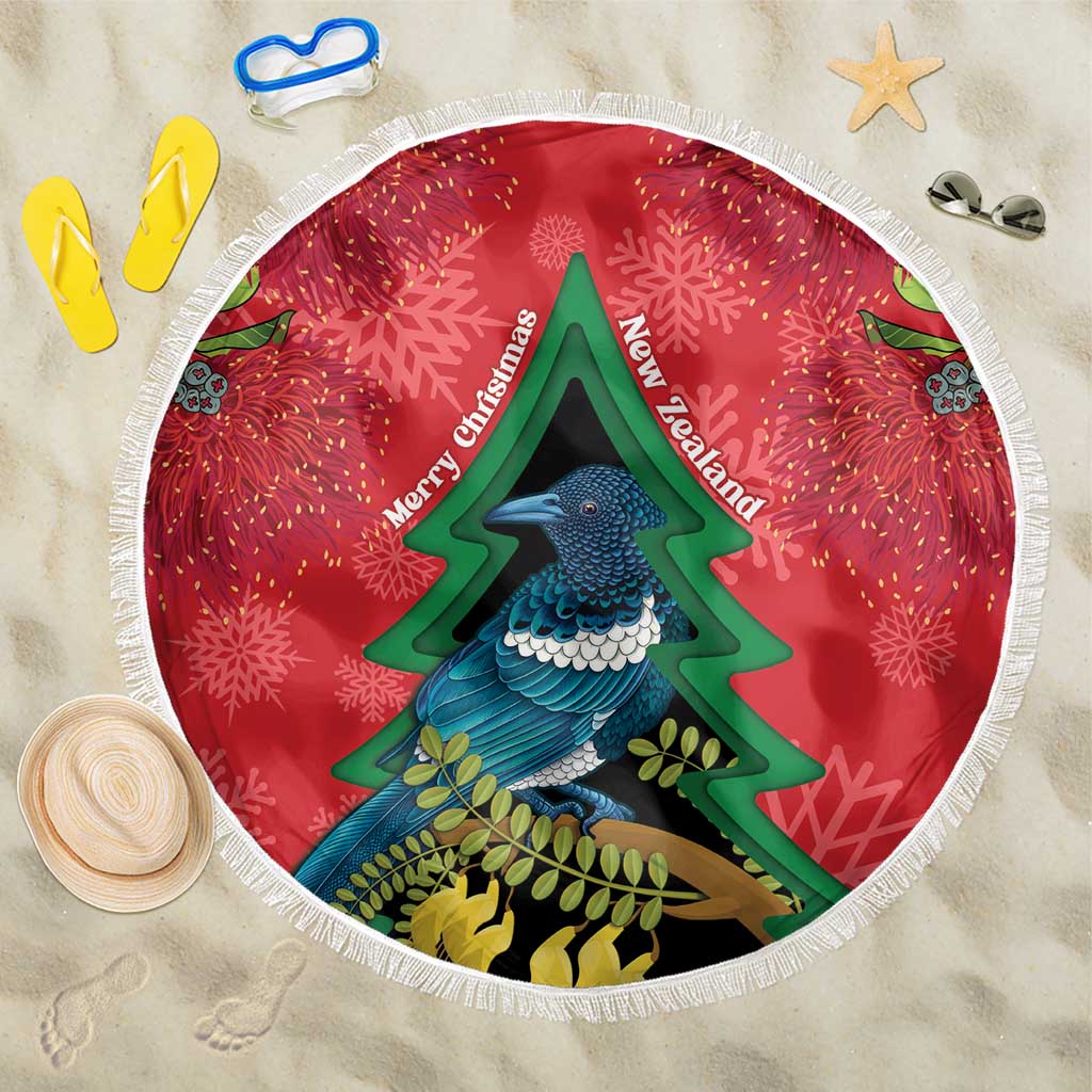 New Zealand Christmas In July Beach Blanket Kowhai Tui Bird With Pohutukawa - Red LT14 One Size 150cm Red - Polynesian Pride