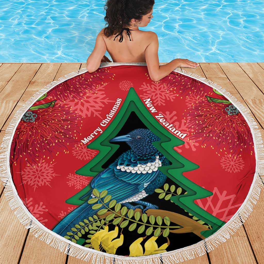 New Zealand Christmas In July Beach Blanket Kowhai Tui Bird With Pohutukawa - Red LT14 - Polynesian Pride