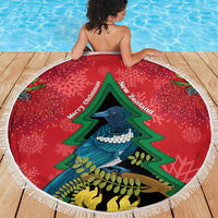 New Zealand Christmas In July Beach Blanket Kowhai Tui Bird With Pohutukawa - Red LT14 - Polynesian Pride