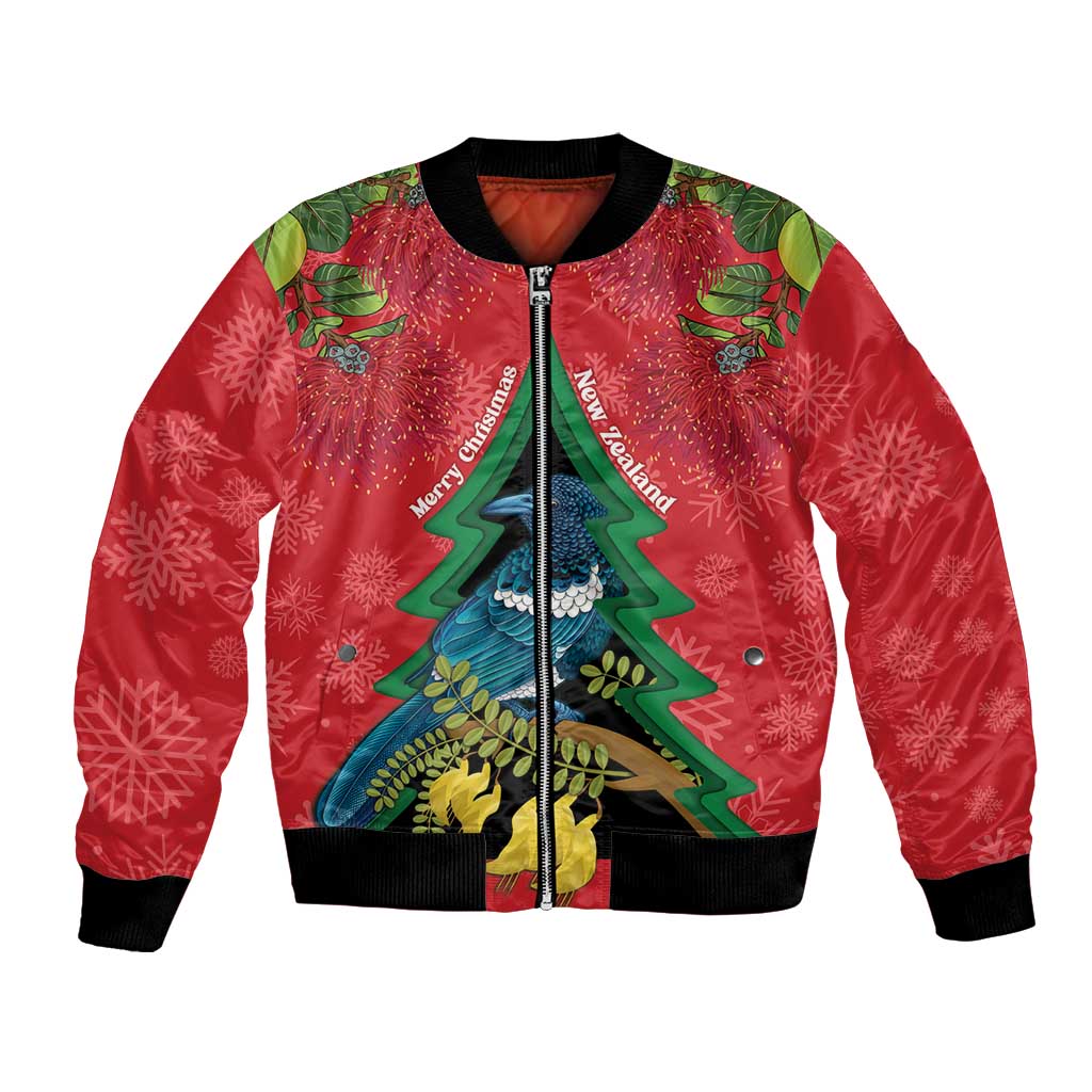 New Zealand Christmas In July Bomber Jacket Kowhai Tui Bird With Pohutukawa - Red LT14 Unisex Red - Polynesian Pride
