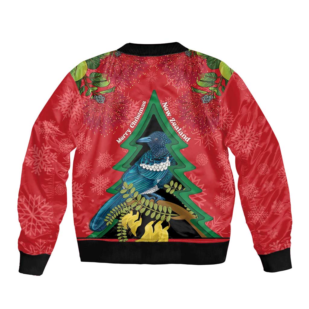 New Zealand Christmas In July Bomber Jacket Kowhai Tui Bird With Pohutukawa - Red LT14 - Polynesian Pride