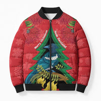 New Zealand Christmas In July Bomber Puffer Jacket Kowhai Tui Bird With Pohutukawa - Red LT14 Unisex Red - Polynesian Pride