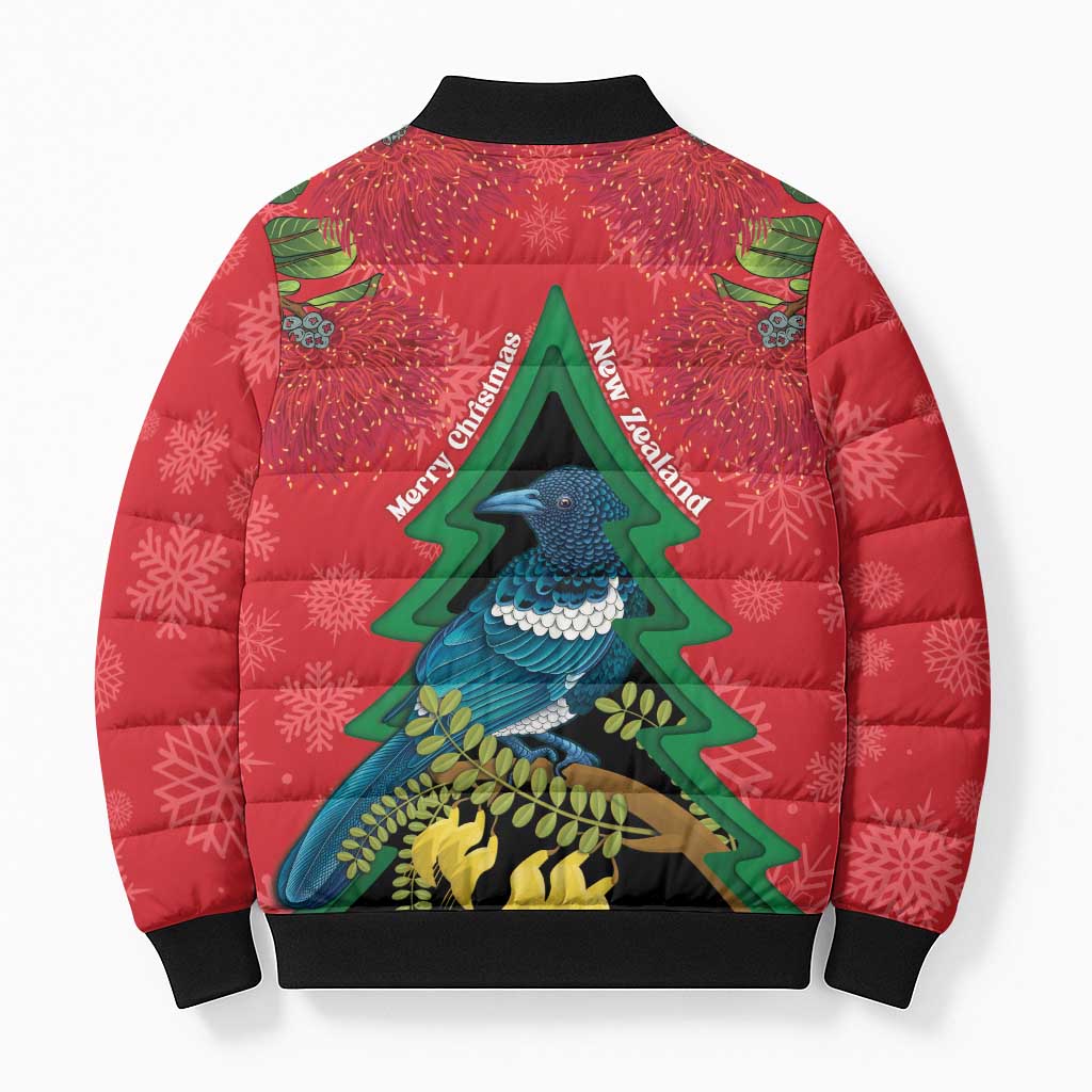 New Zealand Christmas In July Bomber Puffer Jacket Kowhai Tui Bird With Pohutukawa - Red LT14 - Polynesian Pride
