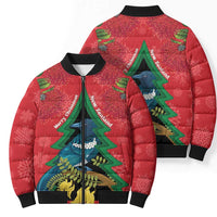New Zealand Christmas In July Bomber Puffer Jacket Kowhai Tui Bird With Pohutukawa - Red LT14 - Polynesian Pride