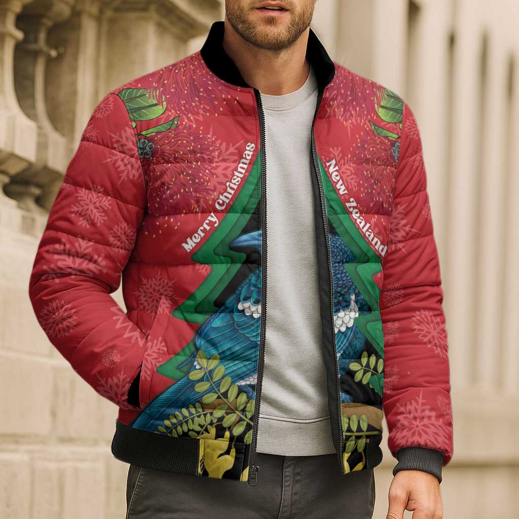 New Zealand Christmas In July Bomber Puffer Jacket Kowhai Tui Bird With Pohutukawa - Red LT14 - Polynesian Pride