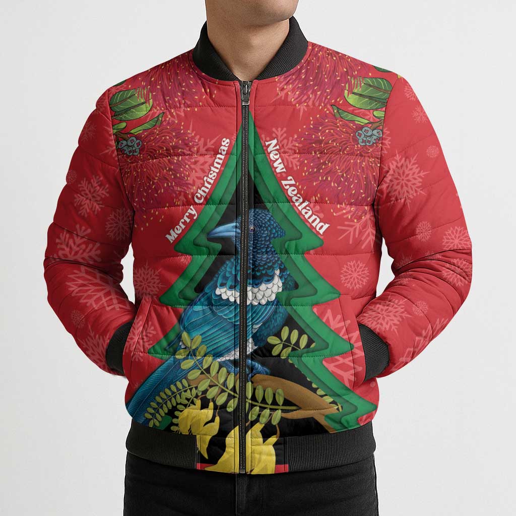 New Zealand Christmas In July Bomber Puffer Jacket Kowhai Tui Bird With Pohutukawa - Red LT14 - Polynesian Pride