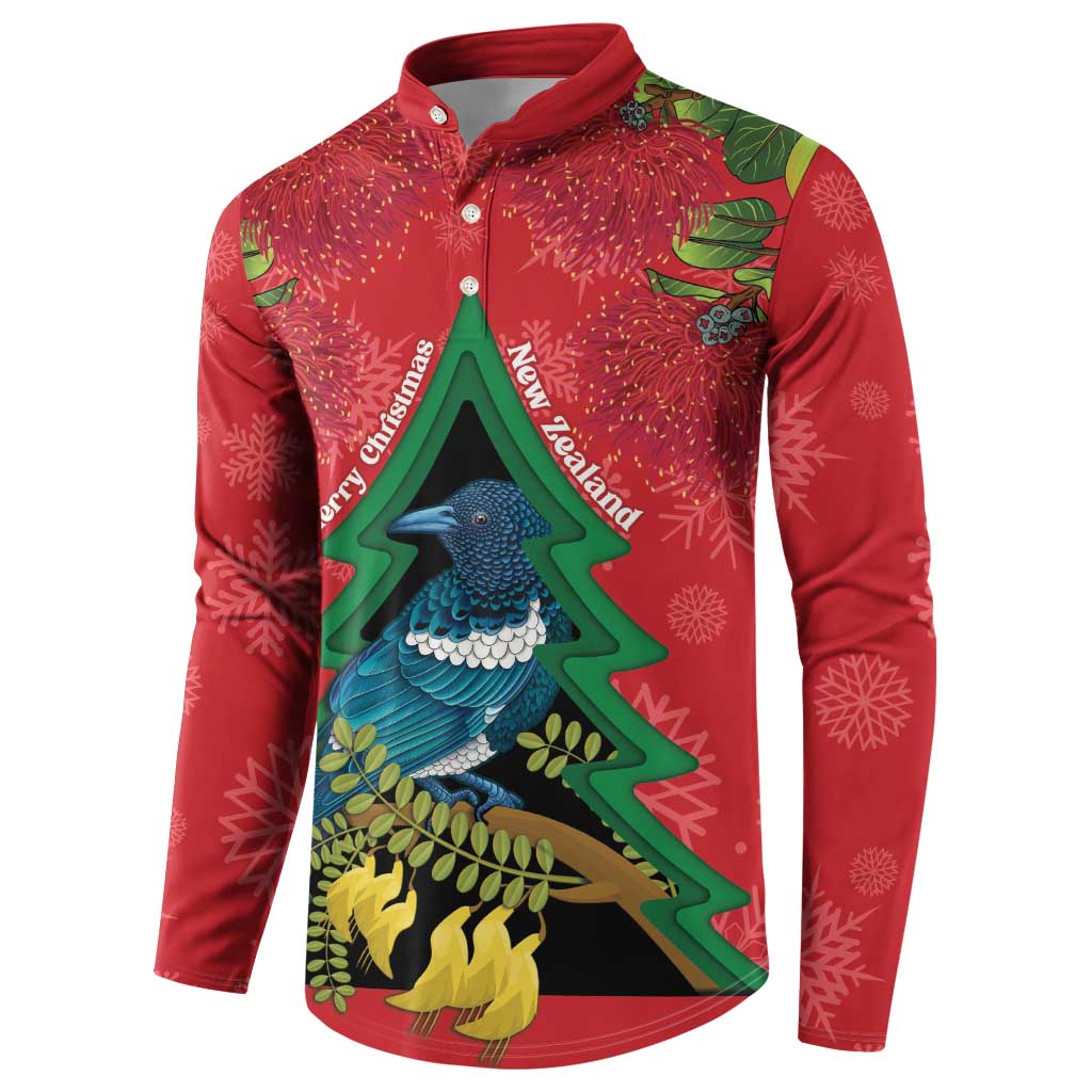 New Zealand Christmas In July Button Sweatshirt Kowhai Tui Bird With Pohutukawa - Red LT14 - Polynesian Pride