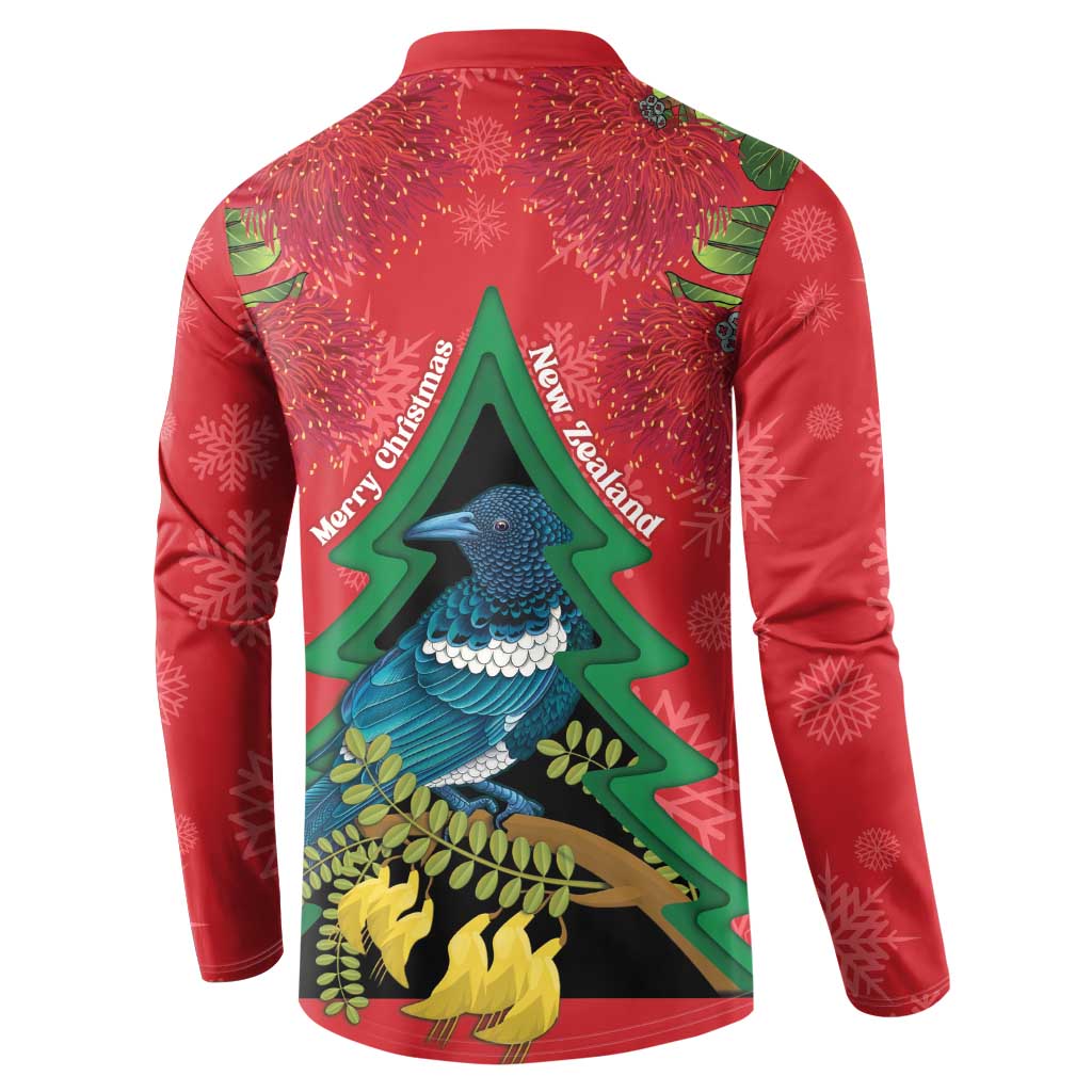 New Zealand Christmas In July Button Sweatshirt Kowhai Tui Bird With Pohutukawa - Red LT14 - Polynesian Pride
