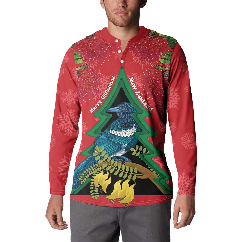 New Zealand Christmas In July Button Sweatshirt Kowhai Tui Bird With Pohutukawa - Red LT14 - Polynesian Pride