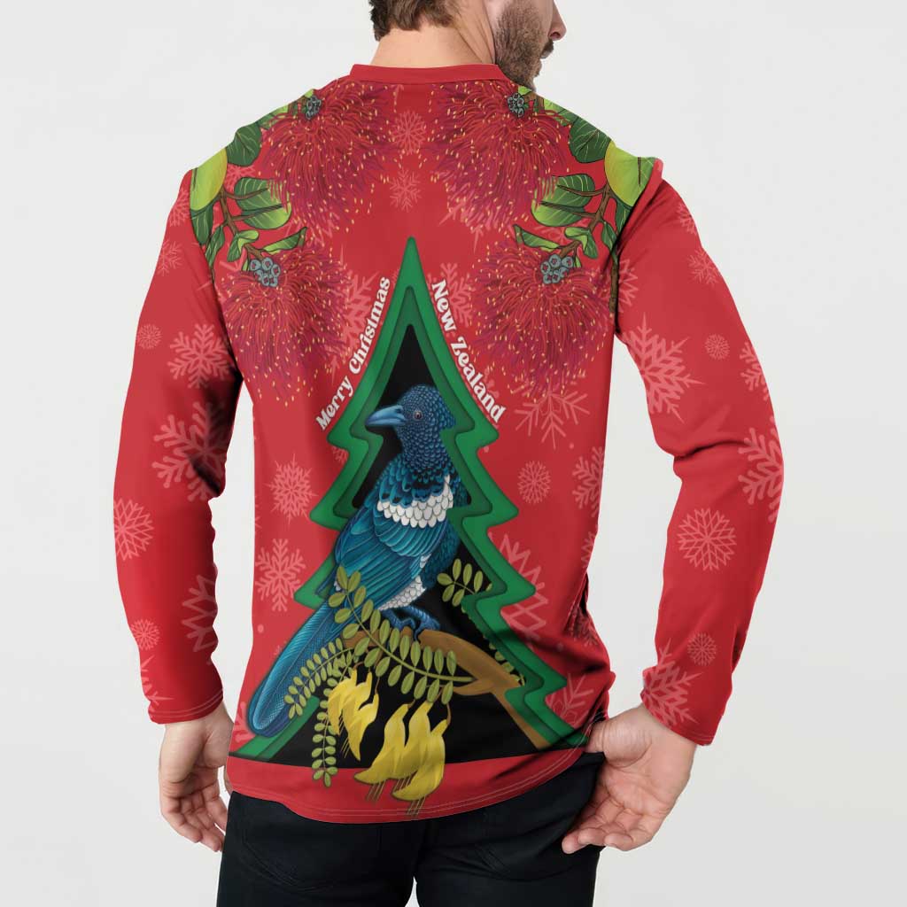 New Zealand Christmas In July Button Sweatshirt Kowhai Tui Bird With Pohutukawa - Red LT14 - Polynesian Pride