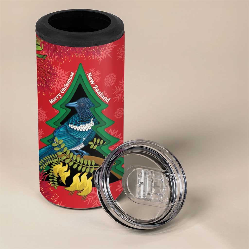 New Zealand Christmas In July 4 in 1 Can Cooler Tumbler Kowhai Tui Bird With Pohutukawa - Red LT14 - Polynesian Pride