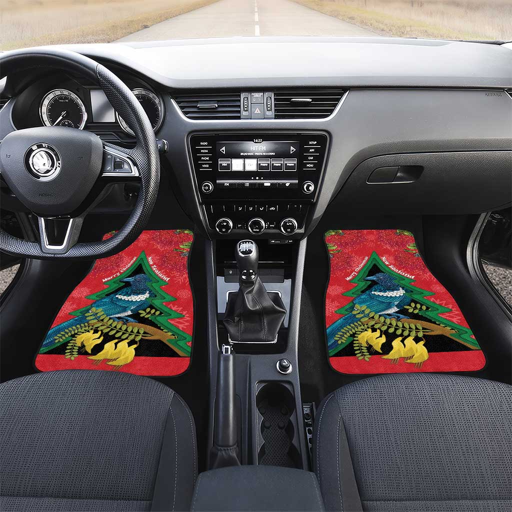 New Zealand Christmas In July Car Mats Kowhai Tui Bird With Pohutukawa - Red LT14 Set 2pcs - Front Red - Polynesian Pride