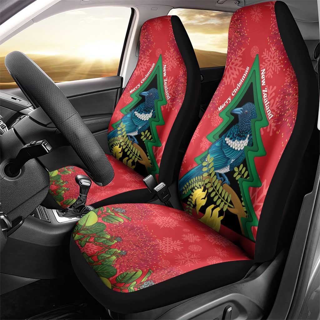 New Zealand Christmas In July Car Seat Cover Kowhai Tui Bird With Pohutukawa - Red LT14 - Polynesian Pride