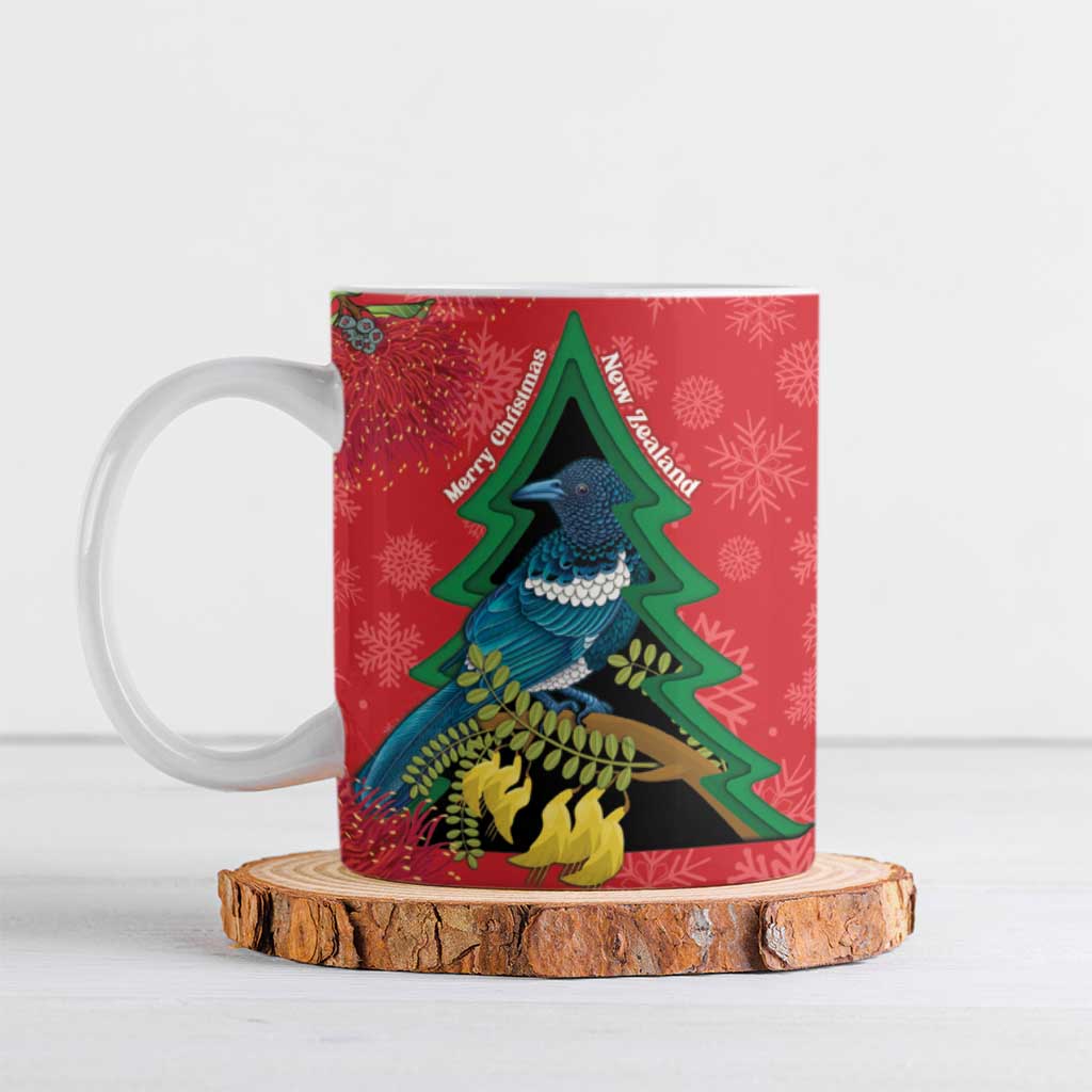 New Zealand Christmas In July Ceramic Mug Kowhai Tui Bird With Pohutukawa - Red LT14 Red - Polynesian Pride