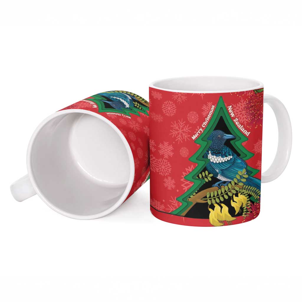 New Zealand Christmas In July Ceramic Mug Kowhai Tui Bird With Pohutukawa - Red LT14 - Polynesian Pride