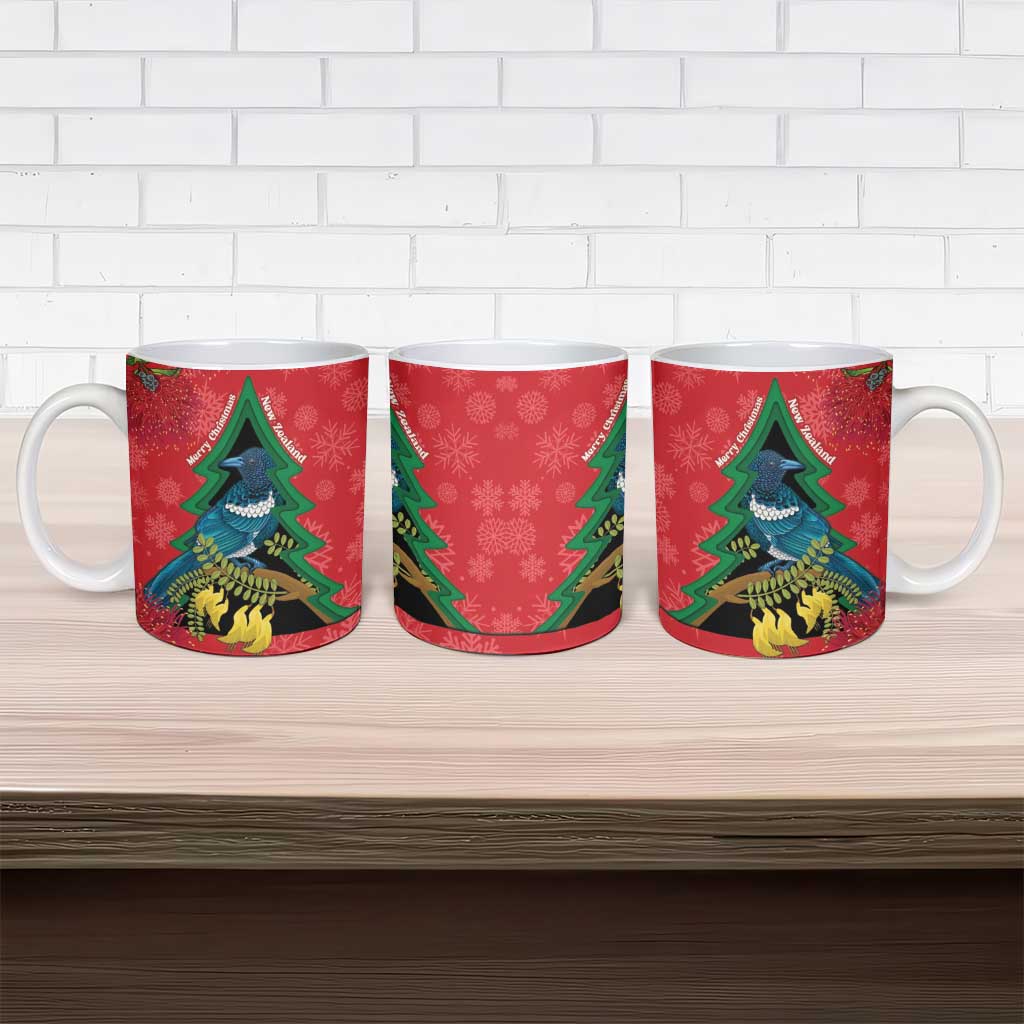 New Zealand Christmas In July Ceramic Mug Kowhai Tui Bird With Pohutukawa - Red LT14 - Polynesian Pride