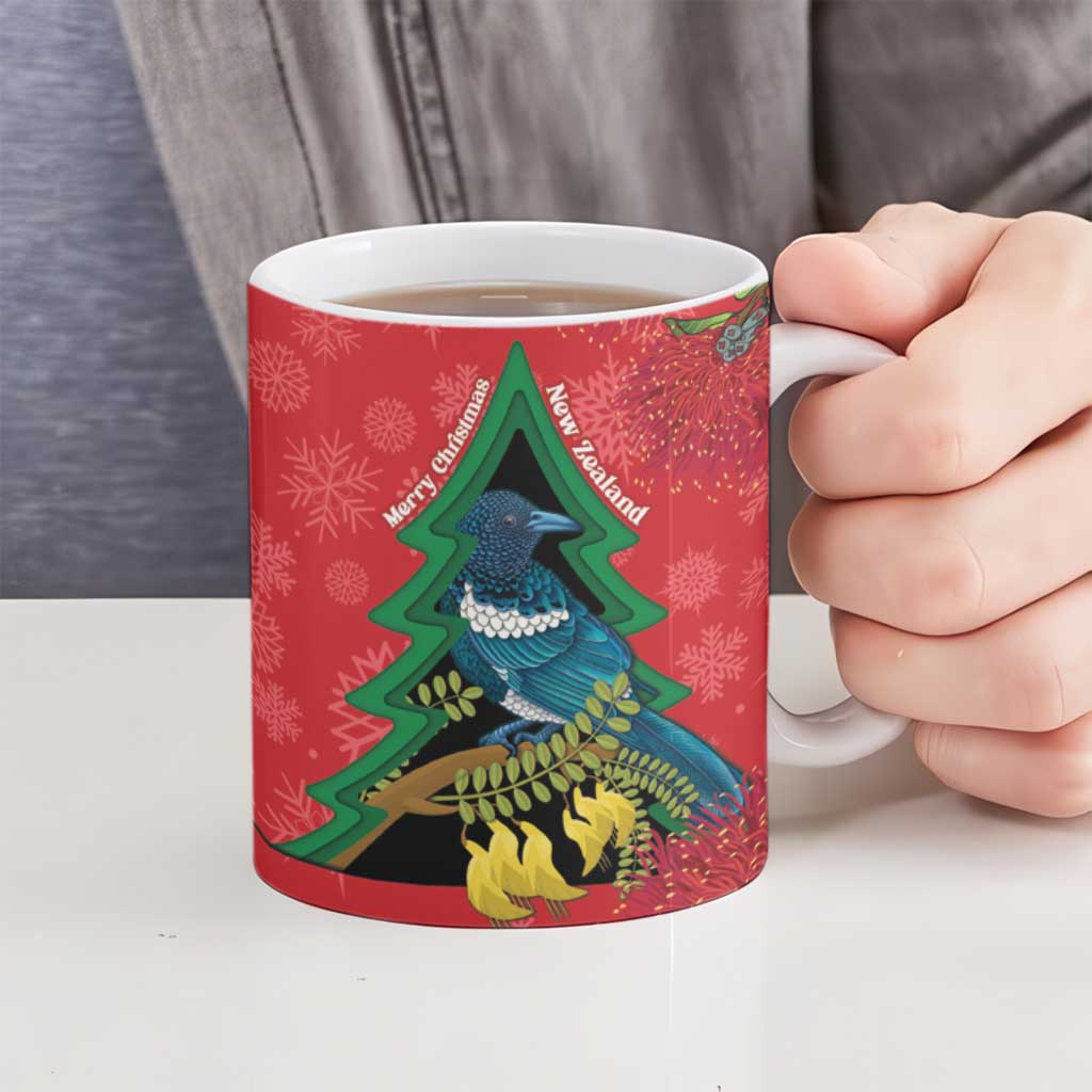 New Zealand Christmas In July Ceramic Mug Kowhai Tui Bird With Pohutukawa - Red LT14 - Polynesian Pride